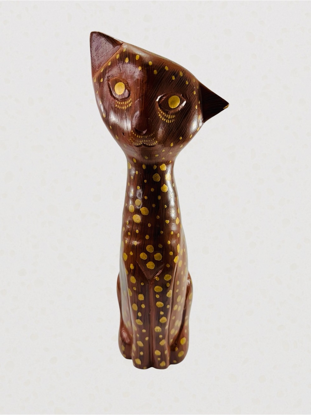 Rare Vintage Seymour Mann Folk Art Wooden Cat Sculpture Brown Gold Polka Dot